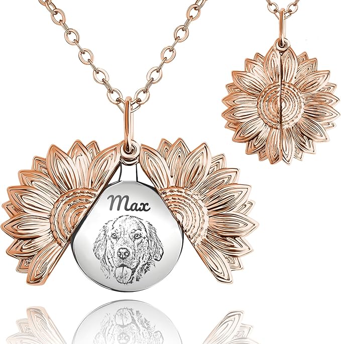 Personalized Pet Portrait Necklace Customized Pet Memorial Necklaces Dog Necklace for Women Custom Pets Necklaces Dog Memorial Jewelry for Cat Mom Dogs Dad (Rose Gold-Silver