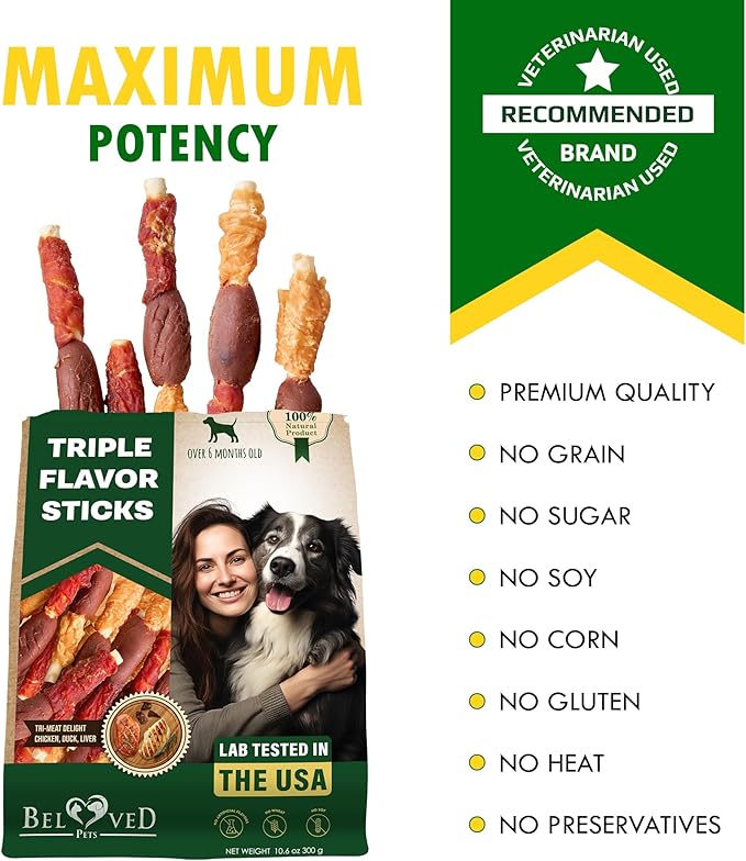 Dog Treats Rawhide Sticks Wrapped with Chicken 10.6 oz Pet Natural Chew Treats - Grain Free Meat & Human Grade Dried Snacks - Best for Small & Large Dogs (10.6 Ounce (Pack of 1), Triple Sticks)