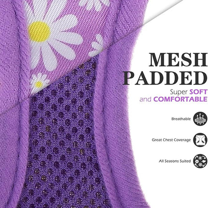 EXPAWLORER Small Dog Harness and Leash Set - Cute Spring Puppy Harness Leash Dog Collar with AirTag Holder Silicone Case, Soft Padded Step in Pet Vest Reflective for Outdoor Walking, Purple Daisy S