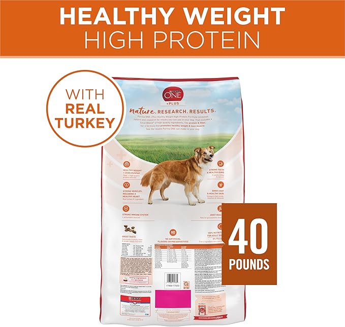 Purina One +Plus Dry Dog Food High Protein Healthy Weight, Real Turkey - 40 lb Bag
