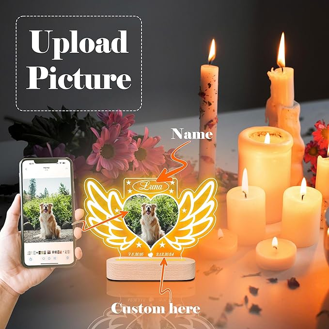 Personalized Pet Memorial Gifts, Pet Loss Gifts in Memory of Dog Night Lights, Custom Dog Memorial Plaque, Cat Memorial Photo Frame (Design #6)