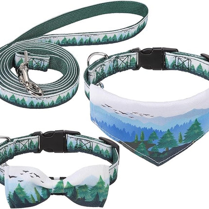 EXPAWLORER Small Dog Collar and Leash Set - Adjustable Dog Bandana Collar with Bell, Cute Dog Collar with Bow, Green Trees Pattern Pet Collar for Small Dogs Cats for Walking Training