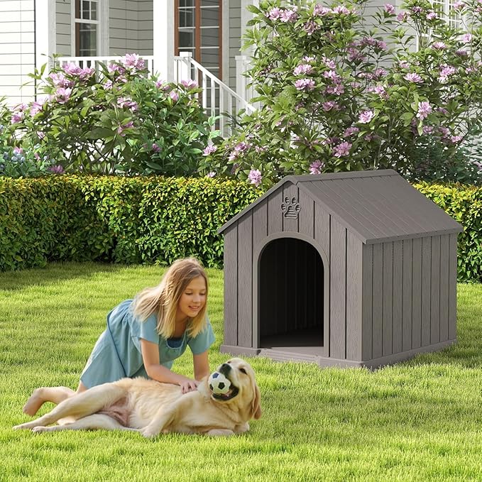 Large Dog House Outdoor Indoor for Medium Large Dogs, Durable Plastic Waterproof Doghouse with Air Vents and Elevated Floor, Easy Clean and Assemble (Classic Grey, 36.2''L×38''W×38''H)
