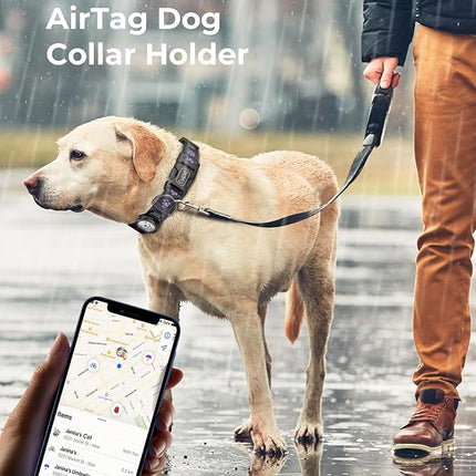 Dog Collar with Airtag Holder, IP67 Waterproof Reflective AirTag Dog Collars for Medium & Large Dogs, Adjustable Pet Collar with Twist-Lock Holder & Green Glow for Night (L, 13.8"-20.1", Black)