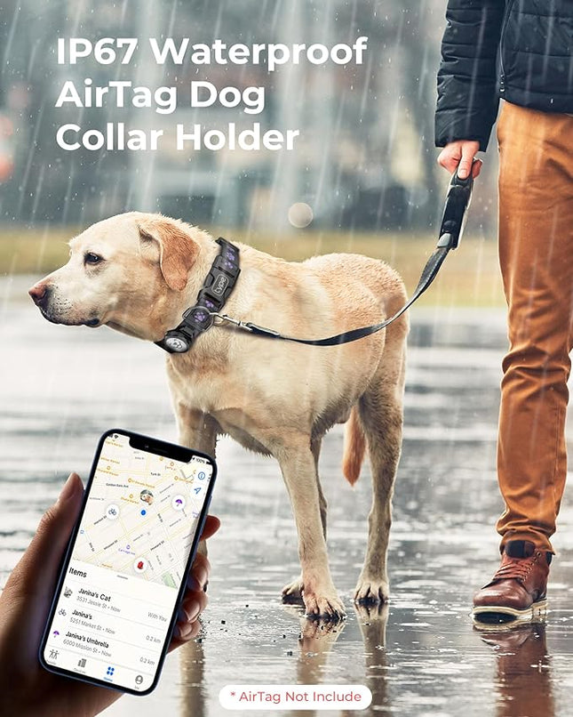 Dog Collar with Airtag Holder, IP67 Waterproof Reflective AirTag Dog Collars for Medium & Large Dogs, Adjustable Pet Collar with Twist-Lock Holder & Green Glow for Night (L, 13.8"-20.1", Black)