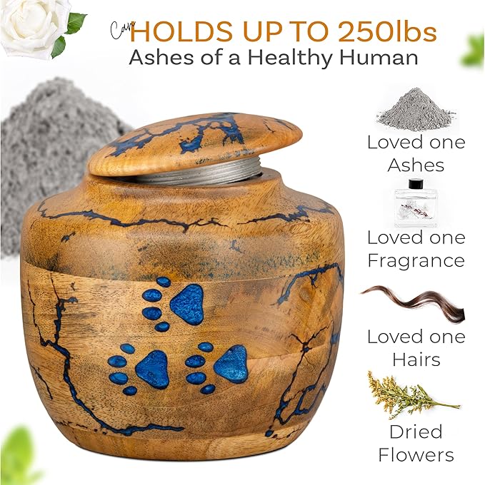 INTAJ Wooden Pet Urns for Dogs/Cats Ashes - Blue Resin Paws & Lichtenburg Design - Keepsake Cremation Urn Box, Pet Memorial Wooden Urns for Ashes, Small to Large Sizes (Odyssey, Large)