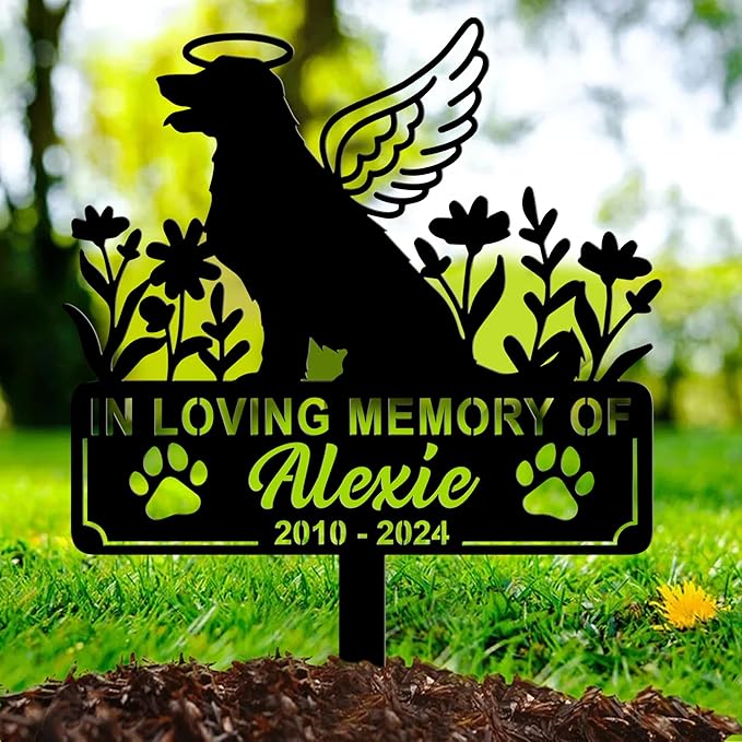 Personalized Dog Memorial Grave Marker, Custom Pet's Name Cemetery Decorations for Funerary, Metal Dog Burial Garden Stake, Outdoor Sympathy Angel Handstone Stake Plaque Gift for Loss
