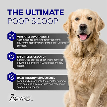 ActiveDogs Dog Poop Scooper Heavy Duty - Best Ever Dog Pooper Scooper with Teeth - Powder Coated Welded Aluminum Metal & Solid Bolt Pet Waste Removal Shovel, USA Made