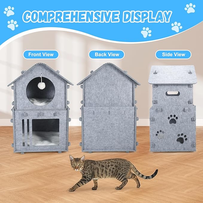 2-Storey Detachable Cat House for Indoor Cats Bed, Covered Beds & Furniture with Washable Cushioned, Cute Modern Condo for Multi Small Pet Large Kitten Kitty, Grey