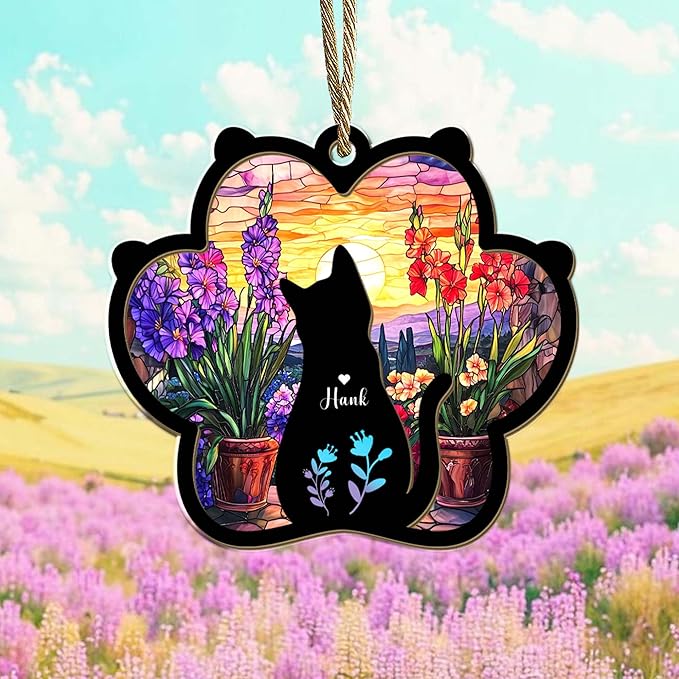 Personalized Pet Memorial Suncatcher – Custom Cat Silhouette with Name & Multiple Background Options, Sympathy Gift for Pet Loss, Pet Memorial Keepsake for Cat Lovers