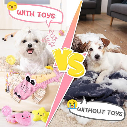 KIPRITII 25-Pack Pink Puppy Toy Set for Small Female Puppies - Includes Sweet Rope Toys, Chew Toys, Cute No-Stuffing Squeaky Dog Toy for Boredom and Teething