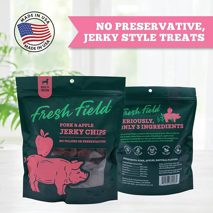 Fresh Field Pork & Apple Jerky Chips, 5 oz – All-Natural Dog Treats, USA Made, No Fillers, Supports Digestion & Nerves