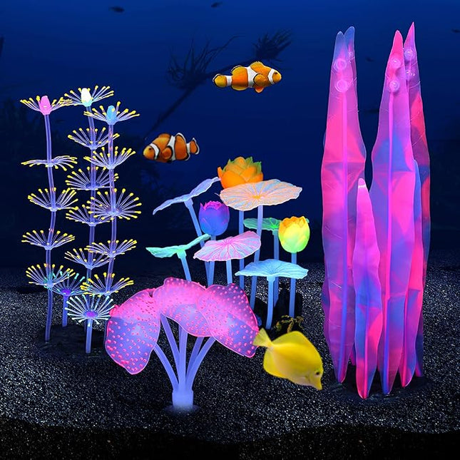 Glowing Fish Tank Decorations Plants, 4 pcs Glow Aquarium Decorations, Glowing Coral Plant Ornaments Lotus Kelp and Anemone