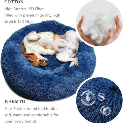 Calming Dog Bed for Medium Dogs Washable Donut 30 inches Anti-Slip Pet Bed,Round Fluffy Plush Faux Fur Cat Bed,Fits up to 45 lbs Pets,Navy Blue