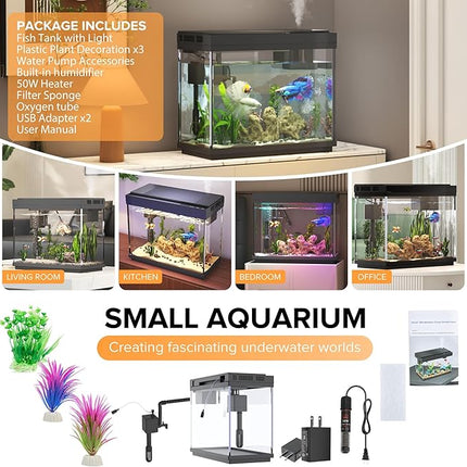 Fish Tank 2.4 Gallon Aquarium with Heater, 3-in-1 Silent Pump with Filteration & Oxygenation & Circulation, 7-Color Timer Cycle Light, Temperature Display, Humidifier, HD Glass Fish Bowl