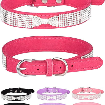 Dog Collar for Small Dogs, Adjustable Leather Suede Bling Dog Collars，Pink Dog Collar Cat Collar, Rhinestone Dog Collar (S, Rose red4)