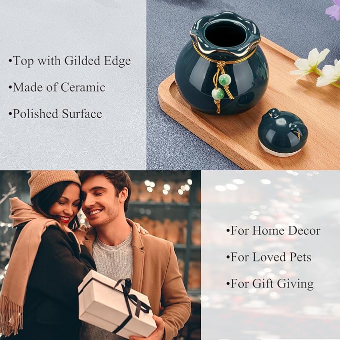 SOITIS Engraving Pet Memorial Urn for Cat or Dog Ashes - 3.54"x3.15" Elegant Ceramic Keepsake Holder with Cat-Shaped Lid & Gold Trim, Small Green Urn for Pet Ashes