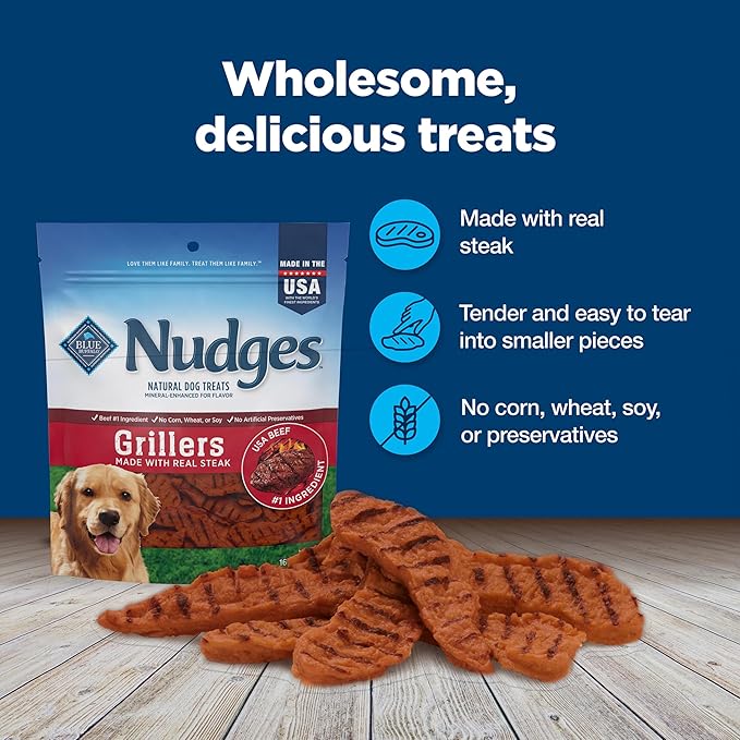 Blue Buffalo Nudges Grillers Natural Dog Treats, Made in the USA with Real Steak, 16-oz Bag