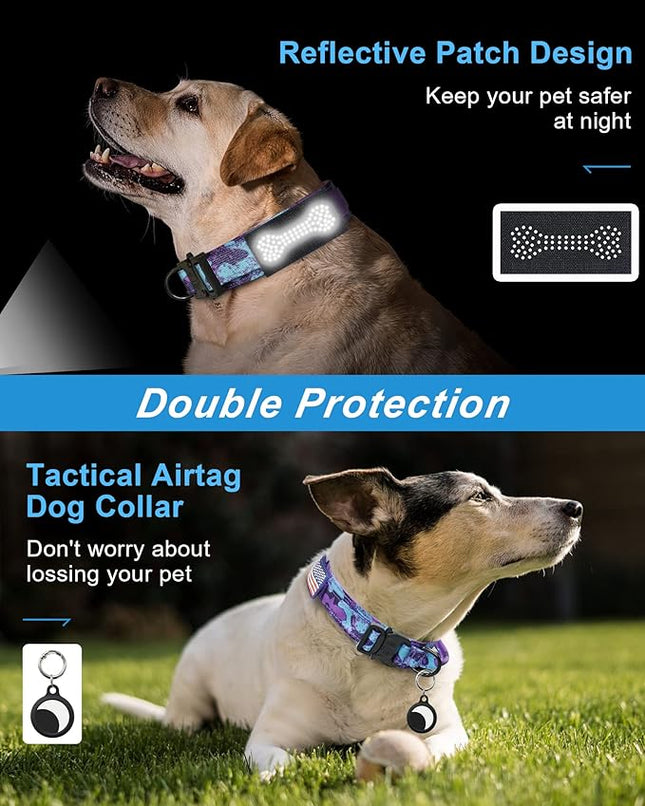 Hotsky Tactical Dog Collar and Leash Set, Heavy Duty Military Airtag Dog Collar with Handle and Metal Buckle for Training and Walking, with Airtag Holder and Two Patches (Purple Camo, L)