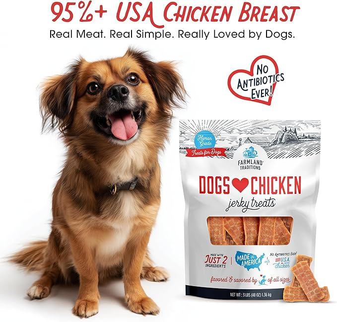 Farmland Traditions Dogs Love Chicken Jerky Dog Treats, Premium Two-Ingredient Dog Jerky with USA-Raised, Human-Grade Chicken & No Antibiotics Ever, 3-Pound Bag