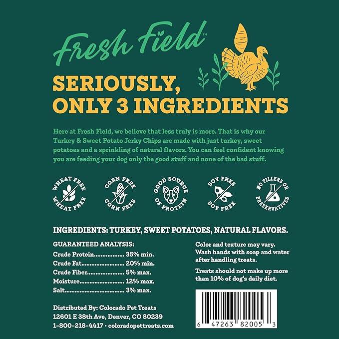 Fresh Field Turkey & Sweet Potato Jerky Chips, 5 oz – All-Natural Dog Treats, USA Made, Ideal for Allergies & Weight