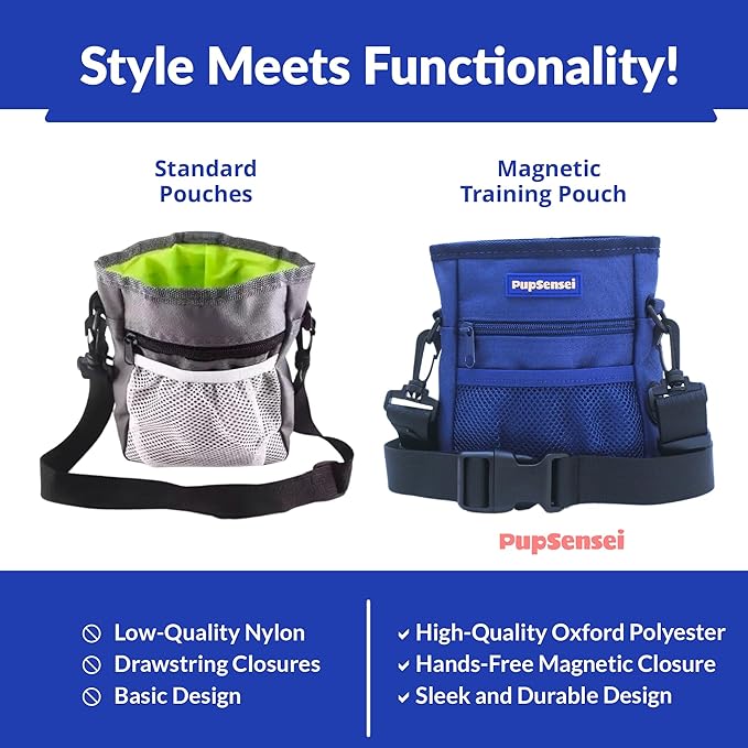 Dog Treat Pouch, Durable Oxford Polyester, No-Spill Magnetic Closure, Treat Pouches for Pet Training with Metal Clip, Waist Belt, Adjustable Strap, Poop Bag Dispenser (Navy Blue)