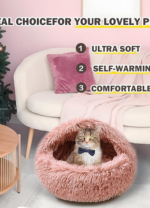 Cat Bed for Indoor Cats, Calming Cozy Cave with Self-Warming Plush, Entire Bed Machine Washable & Anti-Slip Base, Breathable Pet Bed for Small Cats&Dogs All Seasons (Leather Pink, 24 * 24inch)
