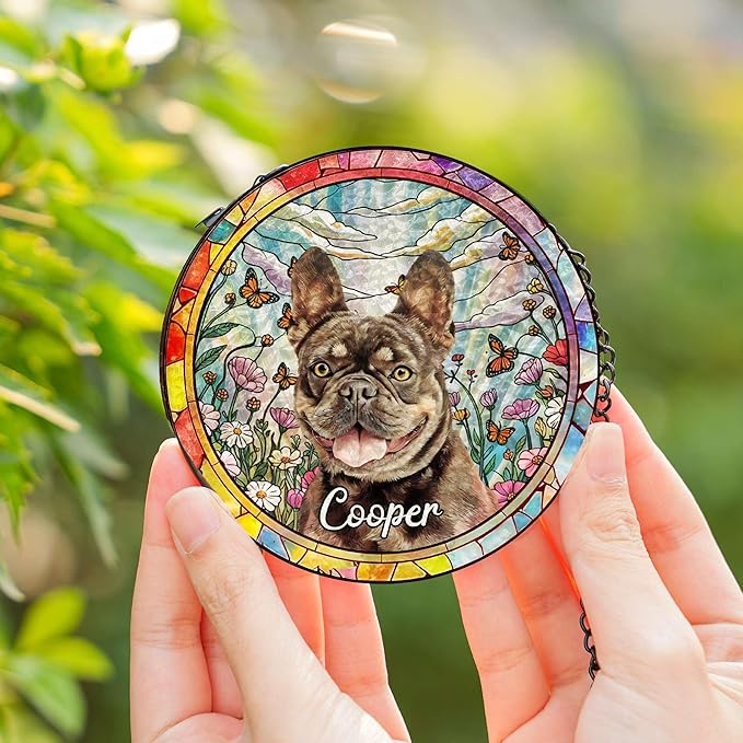 Custom Dog Portrait Stained Glass Window Hangings, Pet Stained Glass Suncatcher, Loss of Dog Sympathy Gift Personalized, Custom Name Dog Memorial Gifts