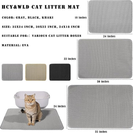 HCY&WLD Cat Litter Mat, 45x26/35x24/30x22/24x18 Inch Double Layer Cat Litter Box Mat, EVA Non-Slip, Waterproof Urine Proof Cat Litter Catcher Mat, Easy Clean Scatter Control (30x22 Inch, Black)