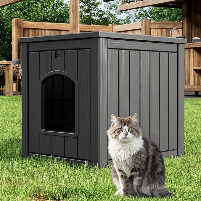 LHBcraft Outdoor Cat House Weatherproof Insulated for Winter Outside, Feral Cat Houses for Outdoor Indoor Cats Shelter, Durable Resin Shelter for Garden, Patio, Easy to Assemble Black