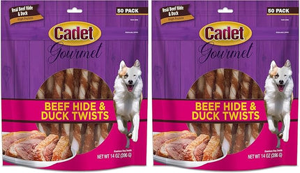 Cadet Gourmet Twists Sticks- Long Lasting & Natural Dog Treats for Large & Small Dogs Beef Hide & Duck - Inspected & Tested in USA (50 Count) (Pack of 2)