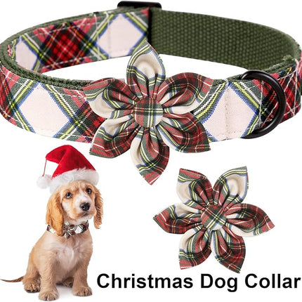 ARING PET Christmas Dog Collar, Cute Xmas Red Green Plaid Detachable Flower Pet Collar with Metal Buckle for Puppy Small Medium Large Boy Girl Dog-XS