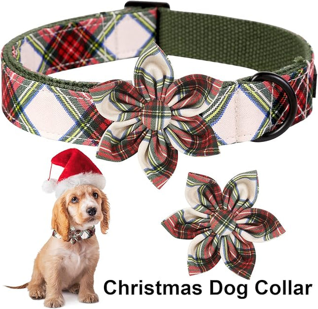 ARING PET Christmas Dog Collar, Cute Xmas Red Green Plaid Detachable Flower Pet Collar with Metal Buckle for Puppy Small Medium Large Boy Girl Dog-XS