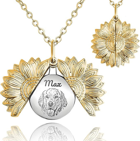 Personalized Pet Portrait Necklace Customized Pet Memorial Necklaces Dog Necklace for Women Custom Pets Necklaces Dog Memorial Jewelry for Cat Mom Dogs Dad (Gold-Silver)