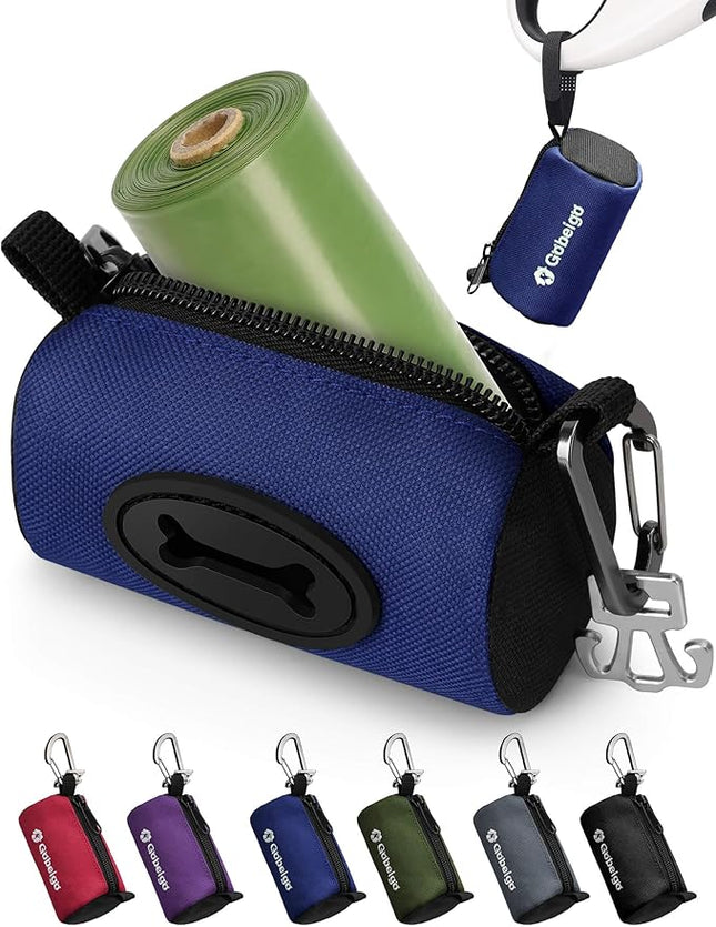 Gobeigo Dog Poop Bag Holder for Leash, Large Opening for Easy Pull Out, Doggy Poo Bag Dispenser with Used Waste Bag Carrier Suitable for Any Retractable Leash with 15 Unscented Bags (Navy Blue)