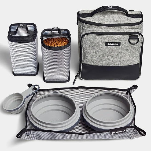 Large 7-Piece Bistro Box Dog Food Travel Kit, 12-Cup Kibble Storage, 2 Silicone Bowls, Mat & Scoop - Premium Portable Pet Food Kit for Weekends, Overnights, Daycare & Camping, Heather Grey
