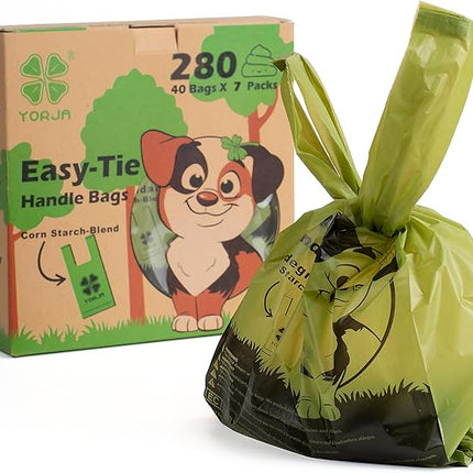 YORJA Tie Handles Dog Poop Bags, 280 Pet Waste Bags with OK BIOBASED Certificate, Thick and Strong 100% Leak-Proof Easy Tie Up Doggy Bags (Green)