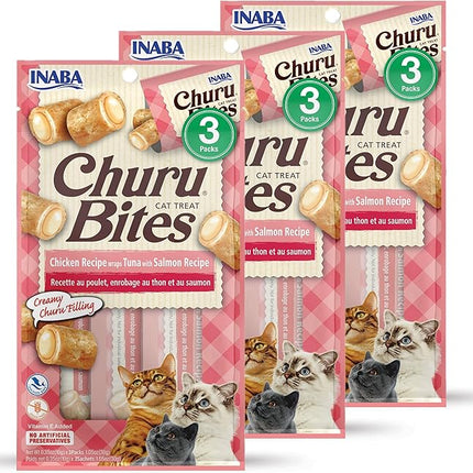 INABA Churu Bites for Cats, Soft Baked Chicken Churu Filled Cat Treats with Green Tea Extract, 0.35 Ounces Each Tube, 9 Tubes Total, Tuna with Salmon Recipe