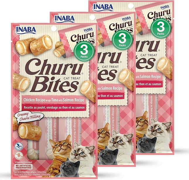 INABA Churu Bites for Cats, Soft Baked Chicken Churu Filled Cat Treats with Green Tea Extract, 0.35 Ounces Each Tube, 9 Tubes Total, Tuna with Salmon Recipe