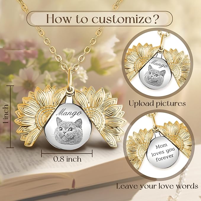 Personalized Pet Portrait Necklace Customized Pet Memorial Necklaces Dog Necklace for Women Custom Pets Necklaces Dog Memorial Jewelry for Cat Mom Dogs Dad (Gold-Silver)