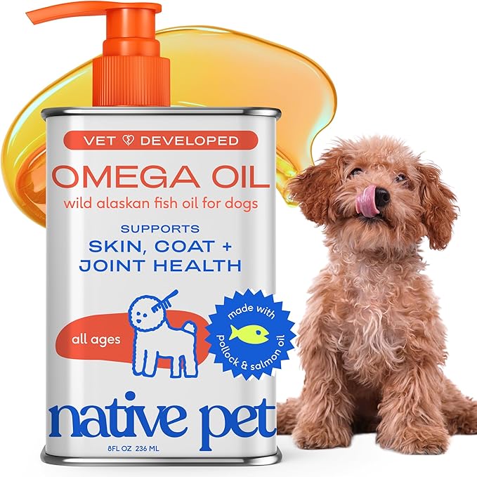 Native Pet Omega 3 Fish Oil for Dogs & Cats - Promotes Healthy Skin, Shiny Coat, & Strong Joints - Made with Wild Alaskan Salmon Oil for Dogs – Tasty, Fast-Absorbing Omega 3 6 9 Liquid Supplement- 8oz