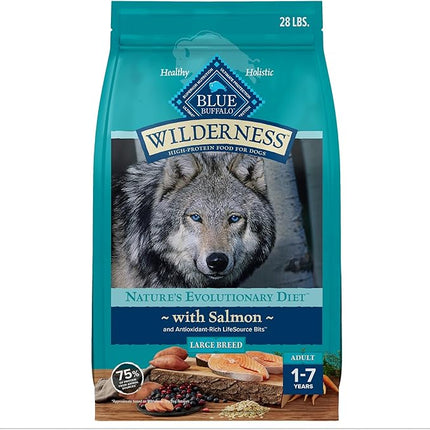 Blue Buffalo Wilderness Natural High-Protein Dry Food for Adult Dogs, WITH WHOLESOME GRAINS, Salmon, 28-lb Bag.