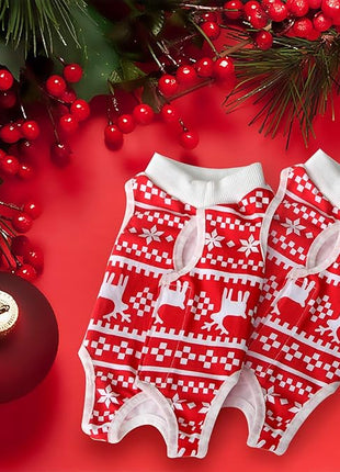 Cat Professional Recovery Suit for Abdominal Wounds or Skin Diseases, E-Collar Alternative for Cats and Dogs, After Surgery Wear, Pajama Suit (S, Christmas Red)