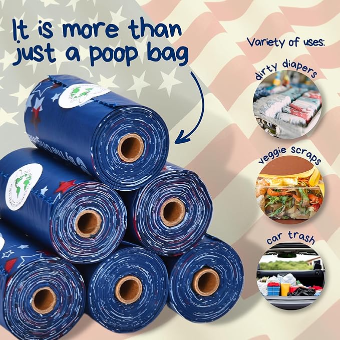 The Original Poop Bags® USDA Certified 38% Plant-Based Dog Poop Bags, Peanuts Snoopy Americana Design, Leak-Proof & Strong, Unscented, 24 Rolls (360 Bags)