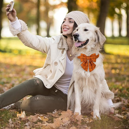 Maca Bates Fall Pumpkin Plaid Dog Collar with Sailor Bow Tie for Large Girl,Boy,Autumn Checkered Puppy Collars with Bowtie,Halloween Gingham Print Adjustable Breakaway Soft for Male Female Dogs