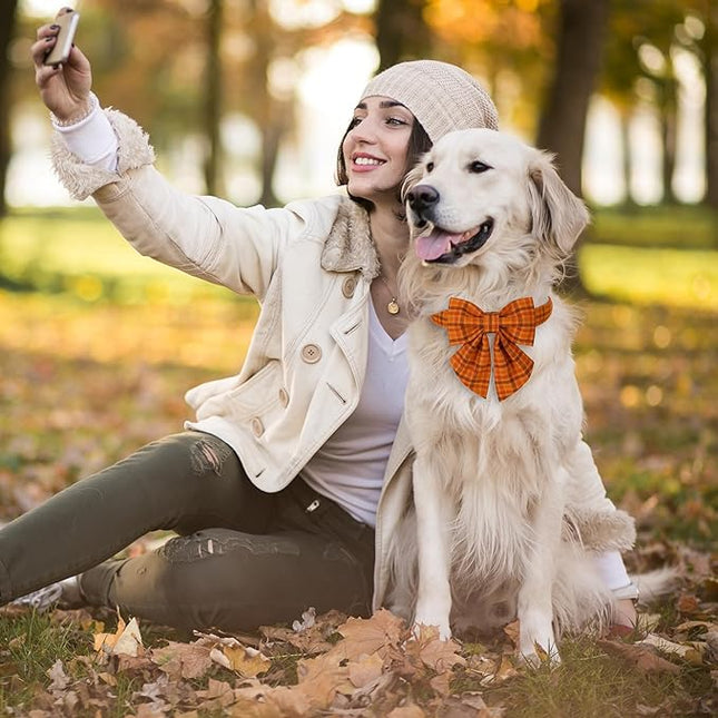 Maca Bates Fall Pumpkin Plaid Dog Collar with Sailor Bow Tie for Medium Girl,Boy,Autumn Checkered Puppy Collars with Bowtie,Halloween Gingham Print Adjustable Breakaway Soft for Male Female Dogs