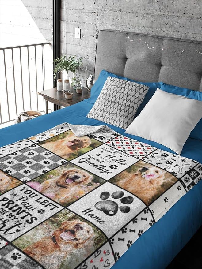 Personalized Photo Blanket, Custom Pet Memorial with Paw Print Design, Keepsake for Dog Loss, Gift for Dog Mom & Dad