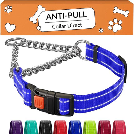 CollarDirect Martingale Dog Collar with Stainless Steel Chain and Quick Release Buckle - Reflective Collar for Large, Medium, Small Dogs - Blue, Small (Neck Size 12"-15")