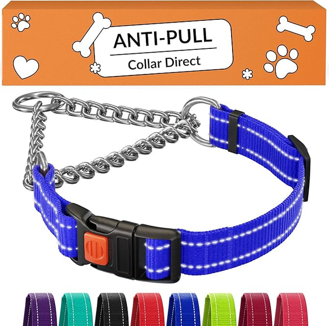 CollarDirect Martingale Dog Collar with Stainless Steel Chain and Quick Release Buckle - Reflective Collar for Large, Medium, Small Dogs - Blue, Small (Neck Size 12"-15")