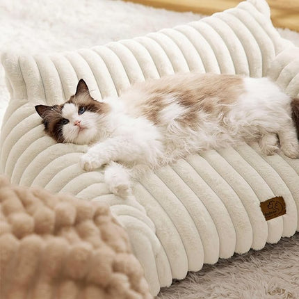 Bedsure Cute Cat Couch for Pets - Fluffy Dog Bed Small Medium Size Dog with Premium Soft Corduroy Fleece, Pet Sofa with Removable Washable Cover, Supportive Couch Bed for Small Dogs, 30inch, Cream